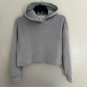 Athleta Girl Large Hoodie 12 Gray Ribbed Velour Cropped Sweatshirt Pullover